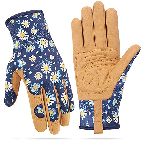 Granila Gardening Gloves for Women, Leather Breathable Garden Working Gloves for Weeding, Digging, Planting, Raking and Pruning (Blue and Brown)