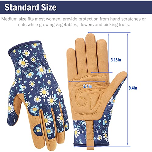 Granila Gardening Gloves for Women, Leather Breathable Garden Working Gloves for Weeding, Digging, Planting, Raking and Pruning (Blue and Brown)