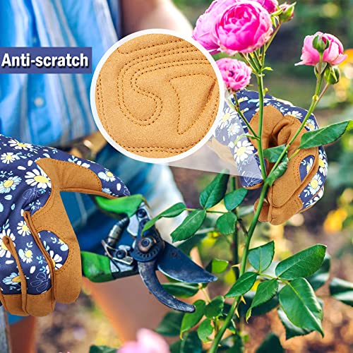 Granila Gardening Gloves for Women, Leather Breathable Garden Working Gloves for Weeding, Digging, Planting, Raking and Pruning (Blue and Brown)