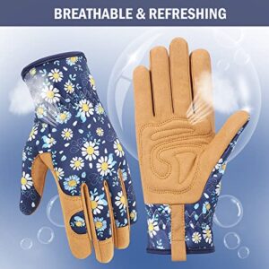 Granila Gardening Gloves for Women, Leather Breathable Garden Working Gloves for Weeding, Digging, Planting, Raking and Pruning (Blue and Brown)