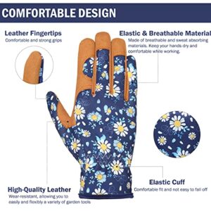 Granila Gardening Gloves for Women, Leather Breathable Garden Working Gloves for Weeding, Digging, Planting, Raking and Pruning (Blue and Brown)