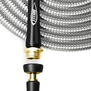 TITAN 150FT Metal Garden Hose - Flexible Water Hose with Solid 3/4" Brass Connectors 360 Degree Brass Jet Sprayer Nozzle - Lightweight Kink Free Strong and Durable Heavy Duty 304 Stainless Steel