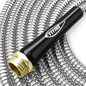 TITAN 150FT Metal Garden Hose - Flexible Water Hose with Solid 3/4" Brass Connectors 360 Degree Brass Jet Sprayer Nozzle - Lightweight Kink Free Strong and Durable Heavy Duty 304 Stainless Steel