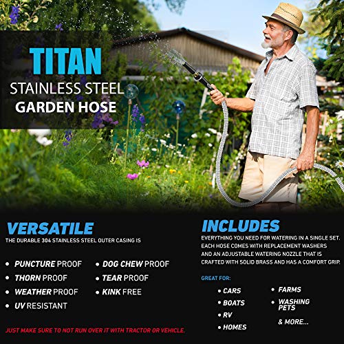 TITAN 150FT Metal Garden Hose - Flexible Water Hose with Solid 3/4" Brass Connectors 360 Degree Brass Jet Sprayer Nozzle - Lightweight Kink Free Strong and Durable Heavy Duty 304 Stainless Steel