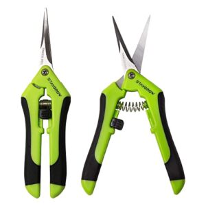 staygrow 2pcs 6.5″ pruning shears for gardening, ultra sharp garden scissors for precise cuts, stainless steel bonsai clippers with spring loaded, 6.5 inch garden shears (1pc straight & 1pc curved)