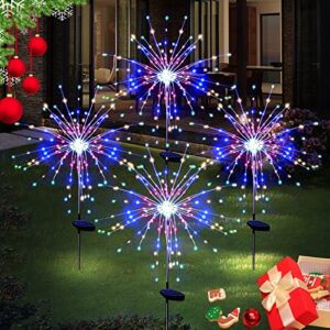 solar garden firework lights outdoor waterproof, 4 pack solar powered art stake twinkle lighting for outside decor, 120 led sparklers string lights for yard pathway patio party decorations(colorful)