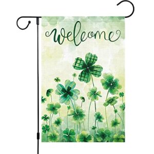 welcome spring st. patrick’s day garden flag 12×18 double sided vertical, burlap small mini lucky shamrock clover yard flag banner happy saint patrick’s sign for home outside outdoor decor (only flag)