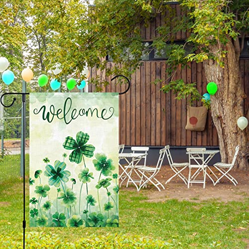 Welcome Spring St. Patrick's Day Garden Flag 12x18 Double Sided Vertical, Burlap Small Mini Lucky Shamrock Clover Yard Flag Banner Happy Saint Patrick's Sign for Home Outside Outdoor Decor (ONLY FLAG)