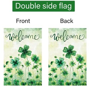 Welcome Spring St. Patrick's Day Garden Flag 12x18 Double Sided Vertical, Burlap Small Mini Lucky Shamrock Clover Yard Flag Banner Happy Saint Patrick's Sign for Home Outside Outdoor Decor (ONLY FLAG)