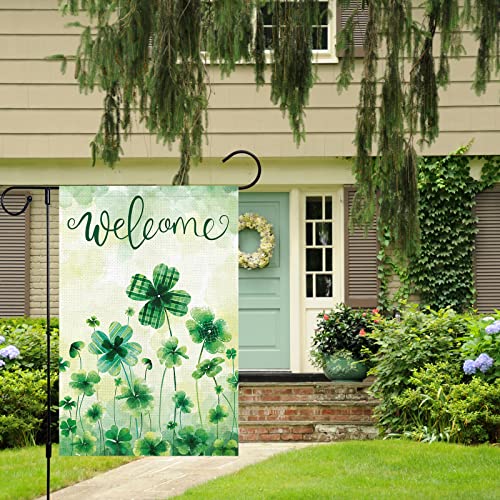 Welcome Spring St. Patrick's Day Garden Flag 12x18 Double Sided Vertical, Burlap Small Mini Lucky Shamrock Clover Yard Flag Banner Happy Saint Patrick's Sign for Home Outside Outdoor Decor (ONLY FLAG)