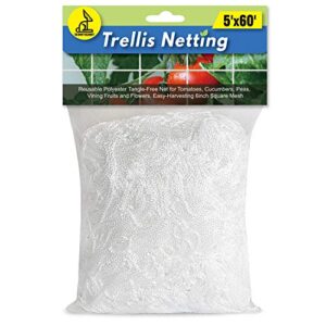 skinnybunny 5x60ft trellis netting, durable garden grow netting, heavy-duty nylon string net, designed for climbing vining plants, fruits and vegetables, hydroponics, fit in all-weather, 1-pack