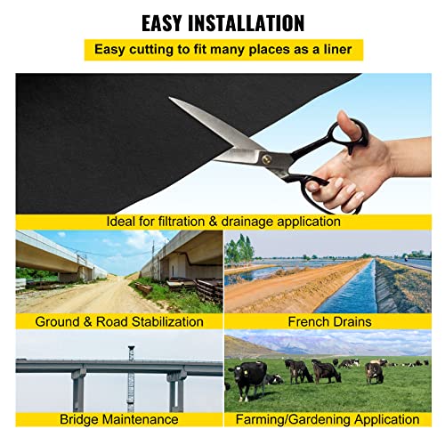 VEVOR Geotextile Landscape, 15ft x 20ft 4 oz Non-Woven PP Drainage 350N Tensile Strength & 440 N Load Capacity, for Ground Cover, Garden Fabric, French Drains, Black