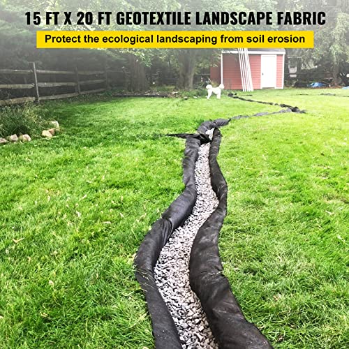 VEVOR Geotextile Landscape, 15ft x 20ft 4 oz Non-Woven PP Drainage 350N Tensile Strength & 440 N Load Capacity, for Ground Cover, Garden Fabric, French Drains, Black