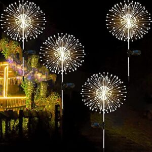 4 pcs solar firework light, outdoor solar garden decorative lights 120 led powered 40 copper wires string diy landscape light for walkway pathway backyard christmas decoration parties (warm white)