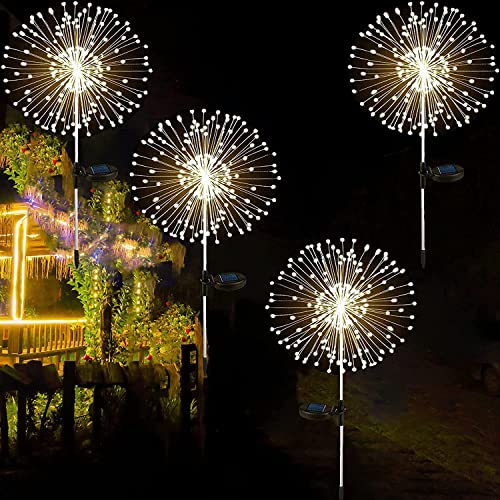 4 PCS Solar Firework Light, Outdoor Solar Garden Decorative Lights 120 LED Powered 40 Copper Wires String DIY Landscape Light for Walkway Pathway Backyard Christmas Decoration Parties (Warm White)