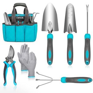 gardening tools, carsolt 7 piece heavy duty stainless steel garden tools set with ergonomic rubber handle. variety of gardening hand tools for planting gardening kit with gift box ideal garden gifts