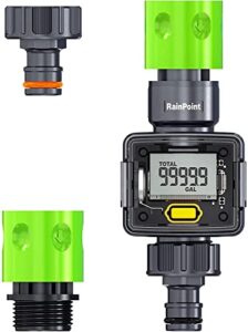 rainpoint water meter for garden hose, water flow meter with connectors, measures single/total water usage in gallons liters, flow rate in gpm lpm, garden watering, pool or rv filling,v2, 2023 release