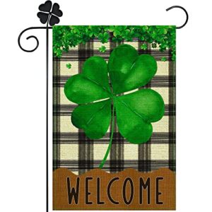 spring garden flag small holiday welcome garden flags for outside, garden flags 12×18 double sided burlap lucky green four leaf clover yard flag decorations outdoor