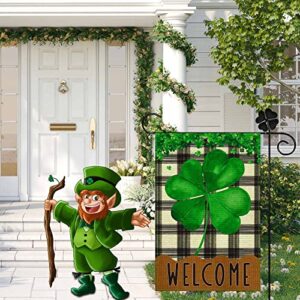 Spring Garden Flag Small Holiday Welcome Garden Flags for Outside, Garden Flags 12x18 Double Sided Burlap Lucky Green Four Leaf Clover Yard Flag Decorations Outdoor