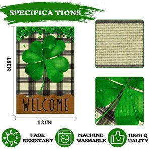 Spring Garden Flag Small Holiday Welcome Garden Flags for Outside, Garden Flags 12x18 Double Sided Burlap Lucky Green Four Leaf Clover Yard Flag Decorations Outdoor