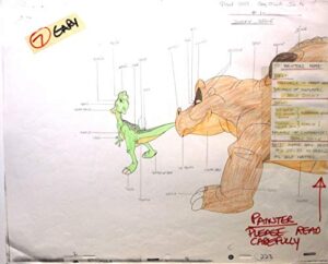 land before time, original 1988 – don bluth studios – color model drawing with color painting instructions of ducky and spike.