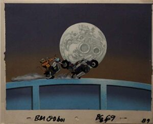 marvel’s biker mice from mars production cel of throttle & modo popping wheelies in the moonlight. on its matching production background 1993