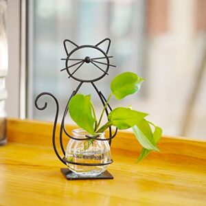 Joyathome Desktop Glass Planter Vase Holder, Metal Cat Plant Terrarium Stand for Plants Creative Decorations for Home Patio Lawn Garden