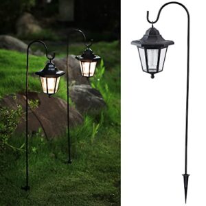 dynaming 2 pack solar hanging lights outdoor, solar powered garden decorative lanterns with 2 x 50 inch shepherd hooks, waterproof landscape lighting for lawn patio yard pathway driveway, warm white