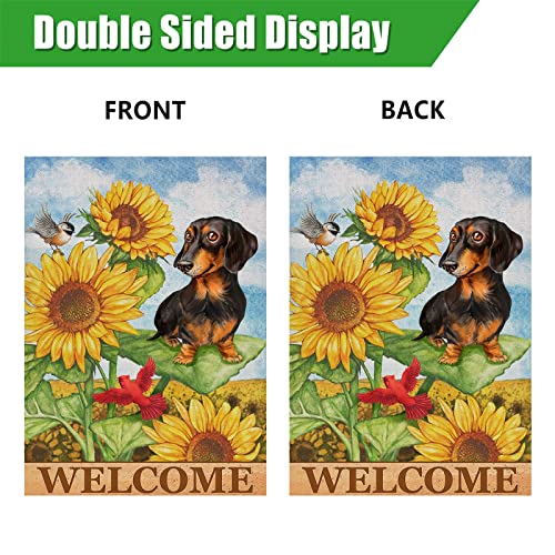 Furiaz Welcome Fall Dog Sunflower Small Decorative Garden Flag, Autumn Puppy Yard Cardinal Chickadee Outside Decorations, Spring Summer Burlap Outdoor Decor Double Sided 12 x 18