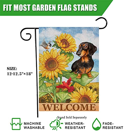 Furiaz Welcome Fall Dog Sunflower Small Decorative Garden Flag, Autumn Puppy Yard Cardinal Chickadee Outside Decorations, Spring Summer Burlap Outdoor Decor Double Sided 12 x 18