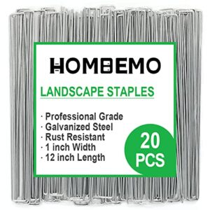 hombemo 20pcs 12 inch garden stakes galvanized landscape staples u shaped stakes for outdoor irrigation hoses, artificial turf nails, fixed fences and tents
