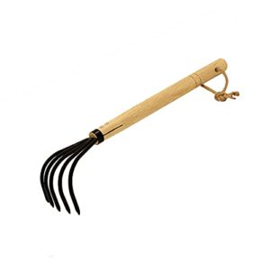 XFJTECH 15'' Garden Rake Cultivator 5 Tines Claw Soil Tiller Military Grade Steel Japanese Ninja Claw with Ergonomic Wooden Handle for Perfect Pulverized and Aerated Soil and Combing Leaves Weeding