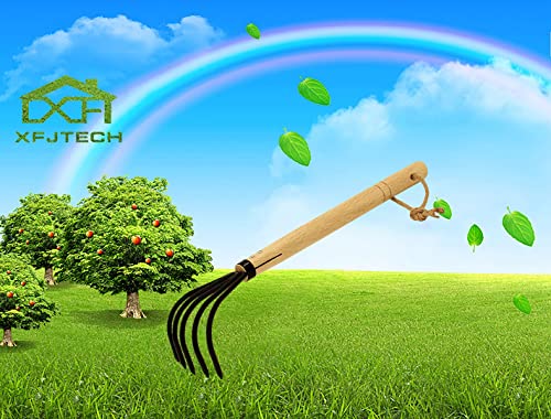 XFJTECH 15'' Garden Rake Cultivator 5 Tines Claw Soil Tiller Military Grade Steel Japanese Ninja Claw with Ergonomic Wooden Handle for Perfect Pulverized and Aerated Soil and Combing Leaves Weeding
