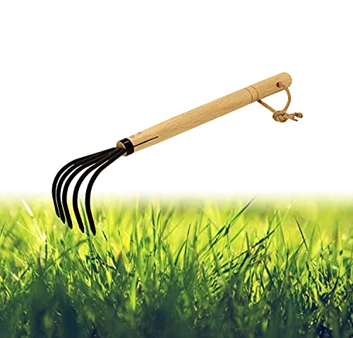 XFJTECH 15'' Garden Rake Cultivator 5 Tines Claw Soil Tiller Military Grade Steel Japanese Ninja Claw with Ergonomic Wooden Handle for Perfect Pulverized and Aerated Soil and Combing Leaves Weeding