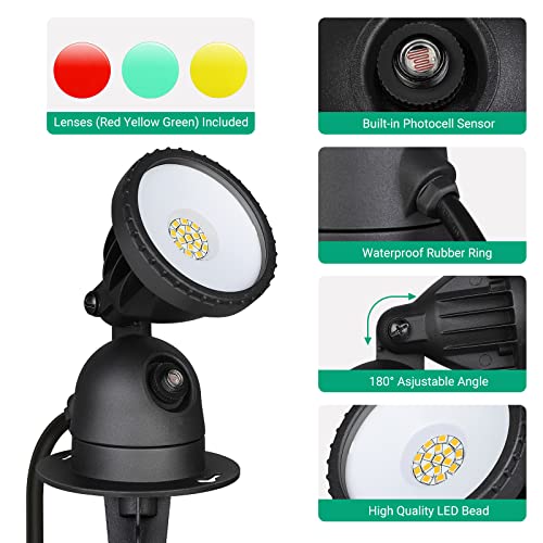 EDISHINE Spotlight Outdoor LED with 3 Lenses (Red Yellow Green), Dusk to Dawn Light Sensor Plug in Landscape Light, 120V 12W LED Spot Light Outdoor with 3 FT Extension Cord, UL Listed