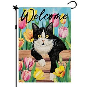 cmegke spring garden flag, spring cat garden flag, tulip spring summer vertical double sided burlap welcome black cat floral holiday party rustic farmhouse yard home outdoor decoration 12.5 x 18 in