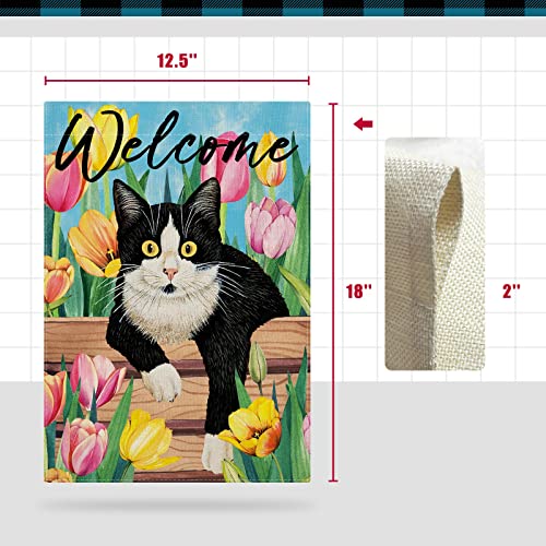 CMEGKE Spring Garden Flag, Spring Cat Garden Flag, Tulip Spring Summer Vertical Double Sided Burlap Welcome Black Cat Floral Holiday Party Rustic Farmhouse Yard Home Outdoor Decoration 12.5 x 18 In