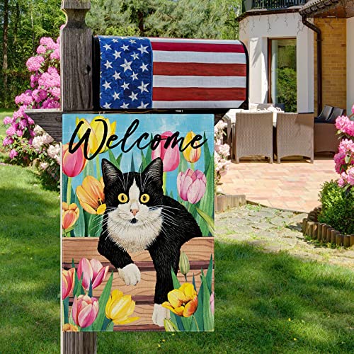 CMEGKE Spring Garden Flag, Spring Cat Garden Flag, Tulip Spring Summer Vertical Double Sided Burlap Welcome Black Cat Floral Holiday Party Rustic Farmhouse Yard Home Outdoor Decoration 12.5 x 18 In