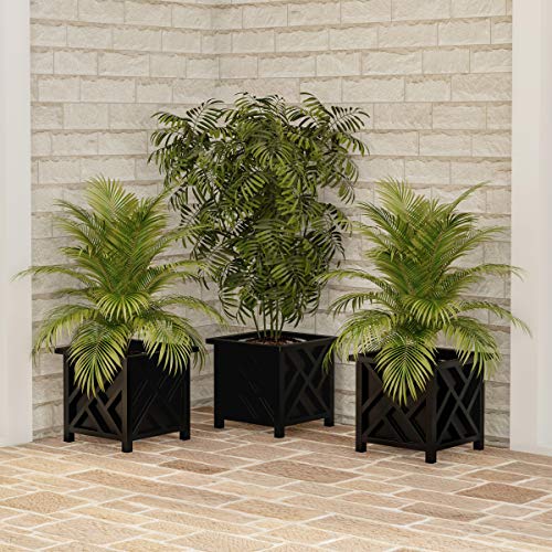 Pure Garden Lattice Design Planter Box – 14.75-Inch-Square Decorative Outdoor Flower or Plant Pot – Front Porch, Patio, and Garden Decor (Black)