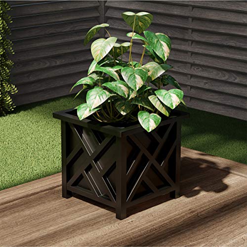Pure Garden Lattice Design Planter Box – 14.75-Inch-Square Decorative Outdoor Flower or Plant Pot – Front Porch, Patio, and Garden Decor (Black)