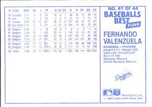 1986 Fleer Baseball's Best Sluggers vs. Pitchers #41 Fernando Valenzuela Los Angeles Dodgers Official MLB Baseball Trading Card in Raw (EX-MT or Better) Condition