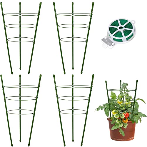 Plant Support Tomato Cages for Garden,4 Pack 18inch Tomato Stakes Plant Stakes for Climbing Plants Adjustable Plant Trellis for Peony Support(4 Pack with 20M Garden Twist Tie)