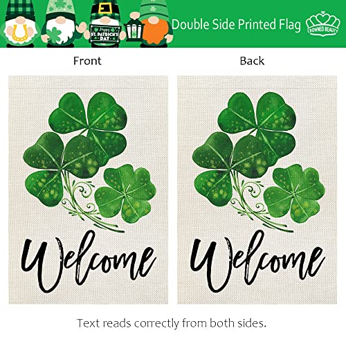 CROWNED BEAUTY St Patricks Day Garden Flag 12x18 Inch Double Sided for Outside Small Burlap Green Shamrocks Clovers Welcome Yard Holiday Flag CF722-12