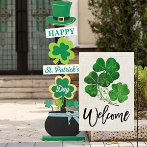 CROWNED BEAUTY St Patricks Day Garden Flag 12x18 Inch Double Sided for Outside Small Burlap Green Shamrocks Clovers Welcome Yard Holiday Flag CF722-12