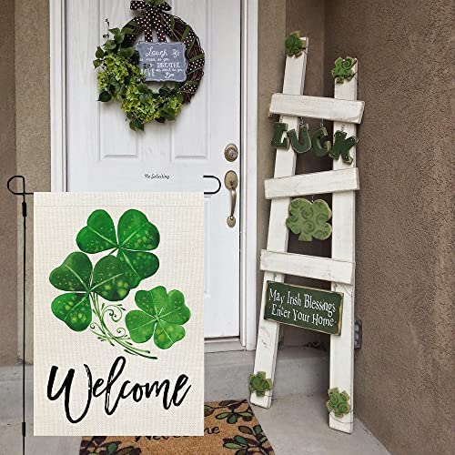 CROWNED BEAUTY St Patricks Day Garden Flag 12x18 Inch Double Sided for Outside Small Burlap Green Shamrocks Clovers Welcome Yard Holiday Flag CF722-12