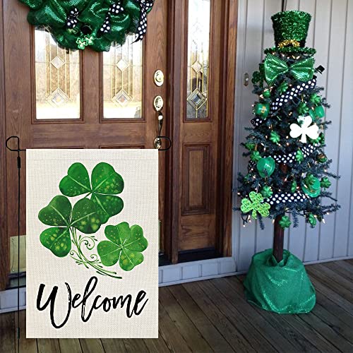 CROWNED BEAUTY St Patricks Day Garden Flag 12x18 Inch Double Sided for Outside Small Burlap Green Shamrocks Clovers Welcome Yard Holiday Flag CF722-12