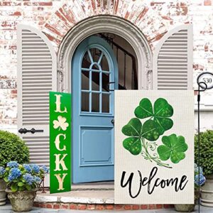 CROWNED BEAUTY St Patricks Day Garden Flag 12x18 Inch Double Sided for Outside Small Burlap Green Shamrocks Clovers Welcome Yard Holiday Flag CF722-12