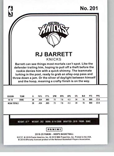 2019-20 Panini Hoops #201 RJ Barrett New York Knicks RC Rookie NBA Basketball Trading Card