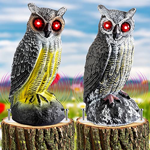 Fake Owl Decoy to Scare Birds Away Solar Scarecrow Decoy Motion Activated Bird Deterrent Bird Repellent with Red Flashing Eyes Frightening Sound Plastic Scarecrow for Yard (Gray, Yellow, 2 Pcs)