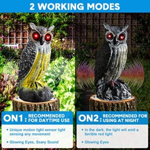 Fake Owl Decoy to Scare Birds Away Solar Scarecrow Decoy Motion Activated Bird Deterrent Bird Repellent with Red Flashing Eyes Frightening Sound Plastic Scarecrow for Yard (Gray, Yellow, 2 Pcs)